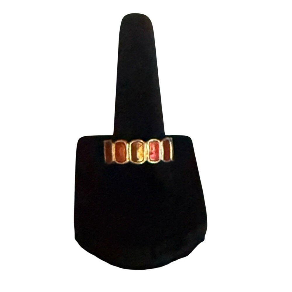 Vintage Amber Tone Enamel Gold Band Ring Red Orange Brown Rectangle Size 7